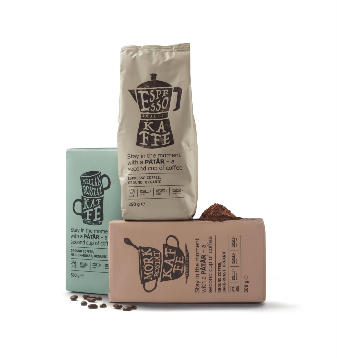 Three different packages of IKEA PÅTÅR coffee on a white background.