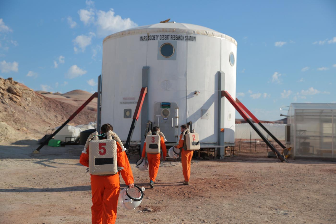 Astronauts training at the Mars Society Desert Research Station in Utah.