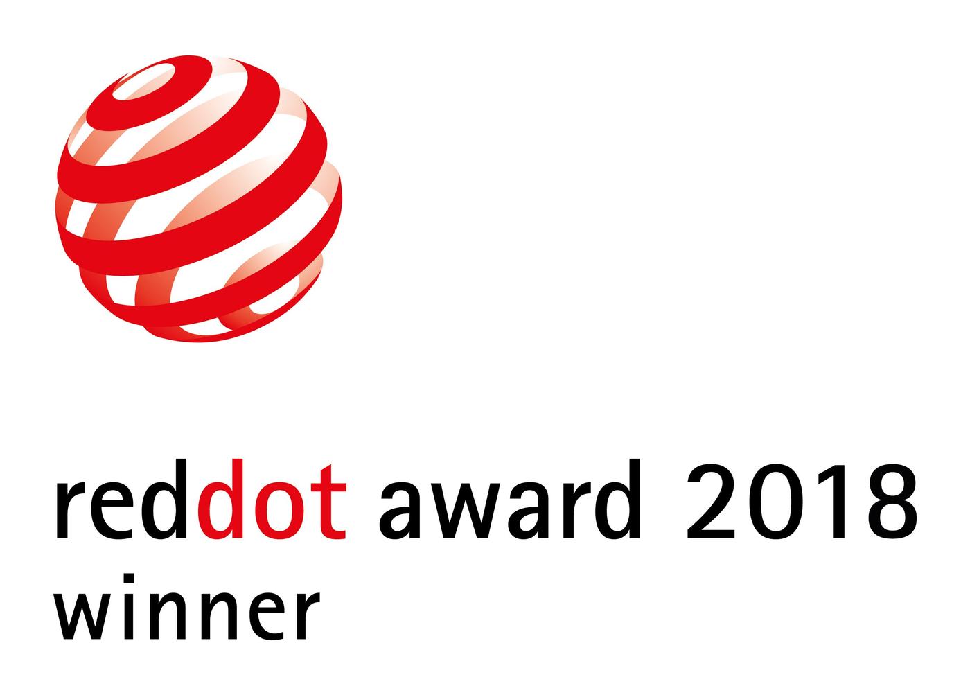 Red spherical logo with text reading "red-dot award 2018 winner"