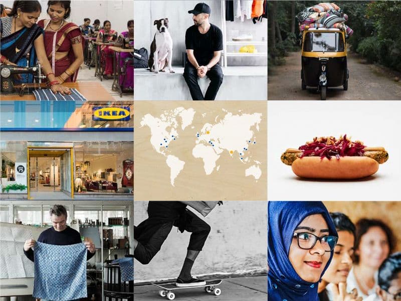 Montage of photos including a hotdog, a world map, a group of women and a person on a skateboard.