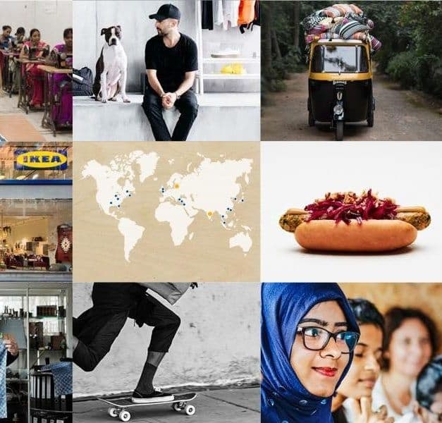 Collage of photos including a hotdog, a world map, a group of women and a person on a skateboard.