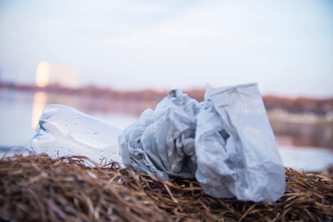 Plastic waste on a beach.