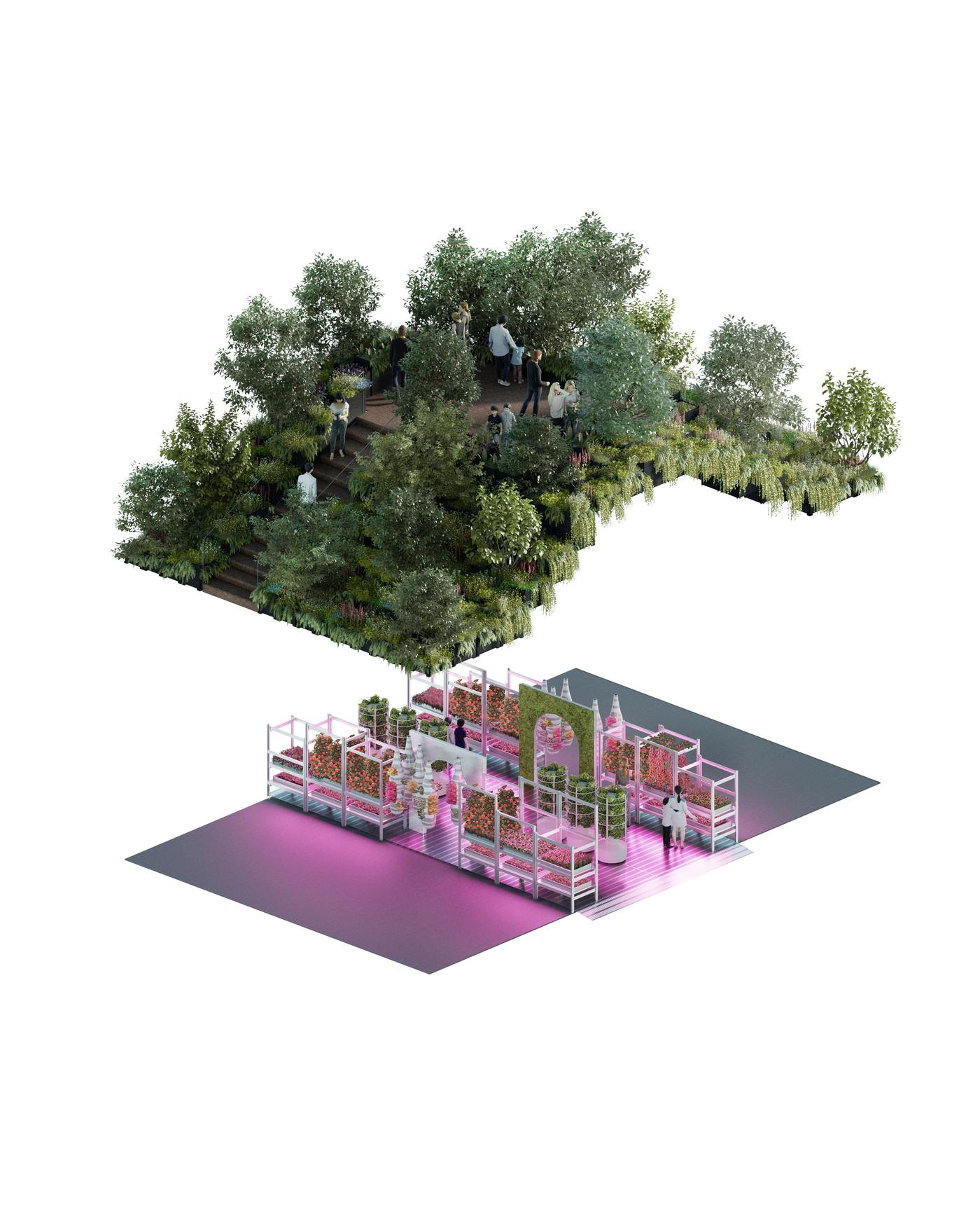 Conceptual visualisation of a two-layered urban farm and green space.