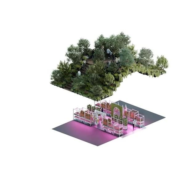 Conceptual visualisation of a two-layered urban farm and green space.