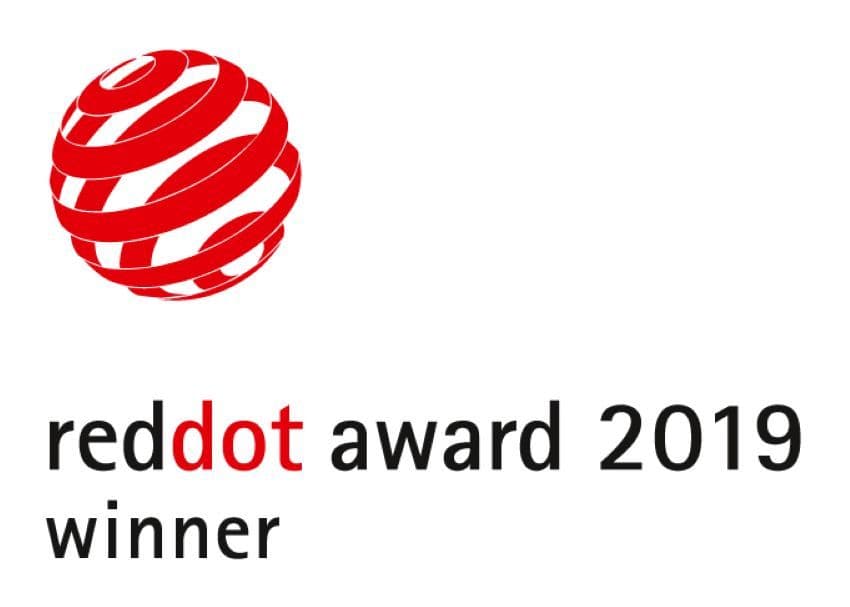 Red spherical logo with text reading "red-dot award 2019 winner"