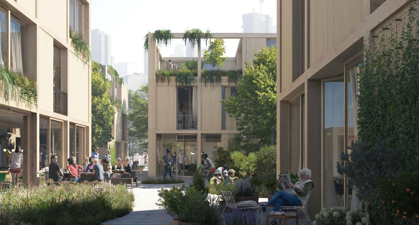 Digital rendering of a modern urban area with plants growing on the building facades.