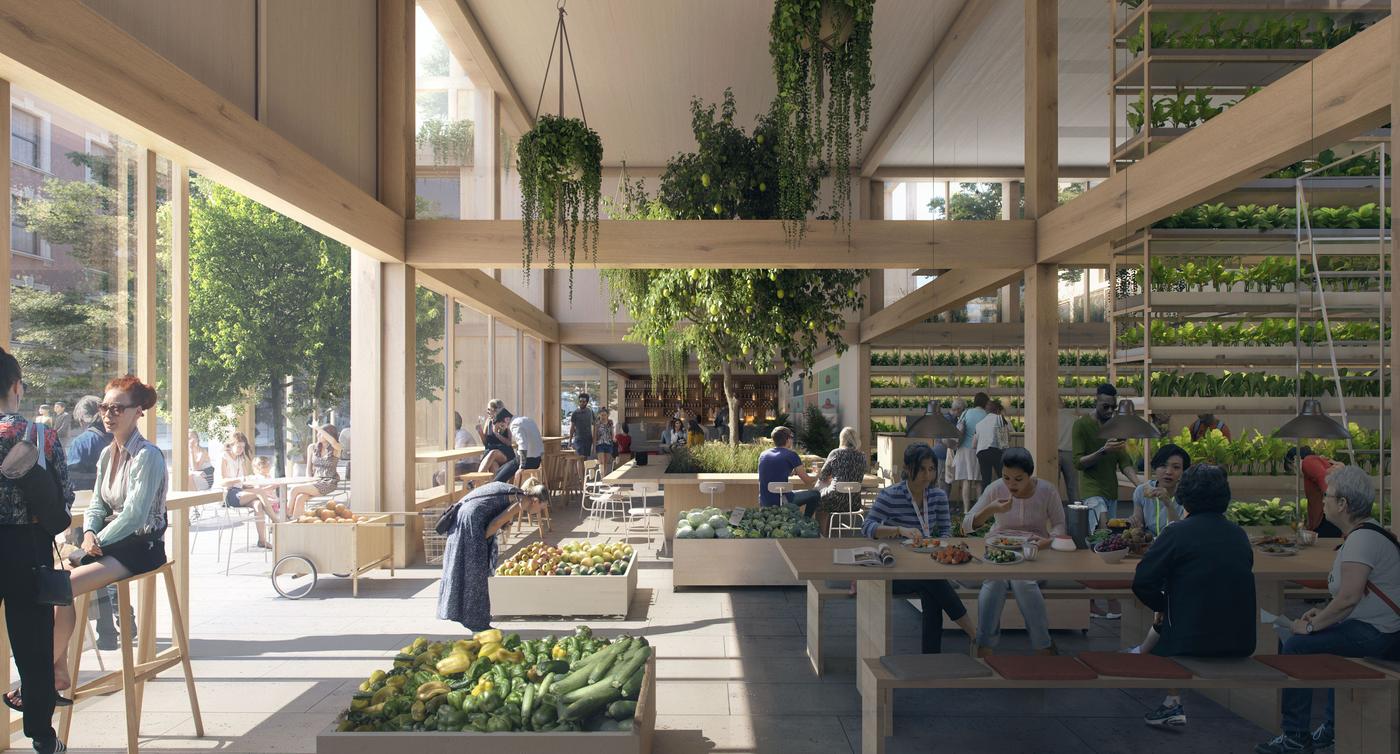 Digital rendering of a modern indoor public space with tall ceilings, seating and dining areas and an indoor vertical farm.