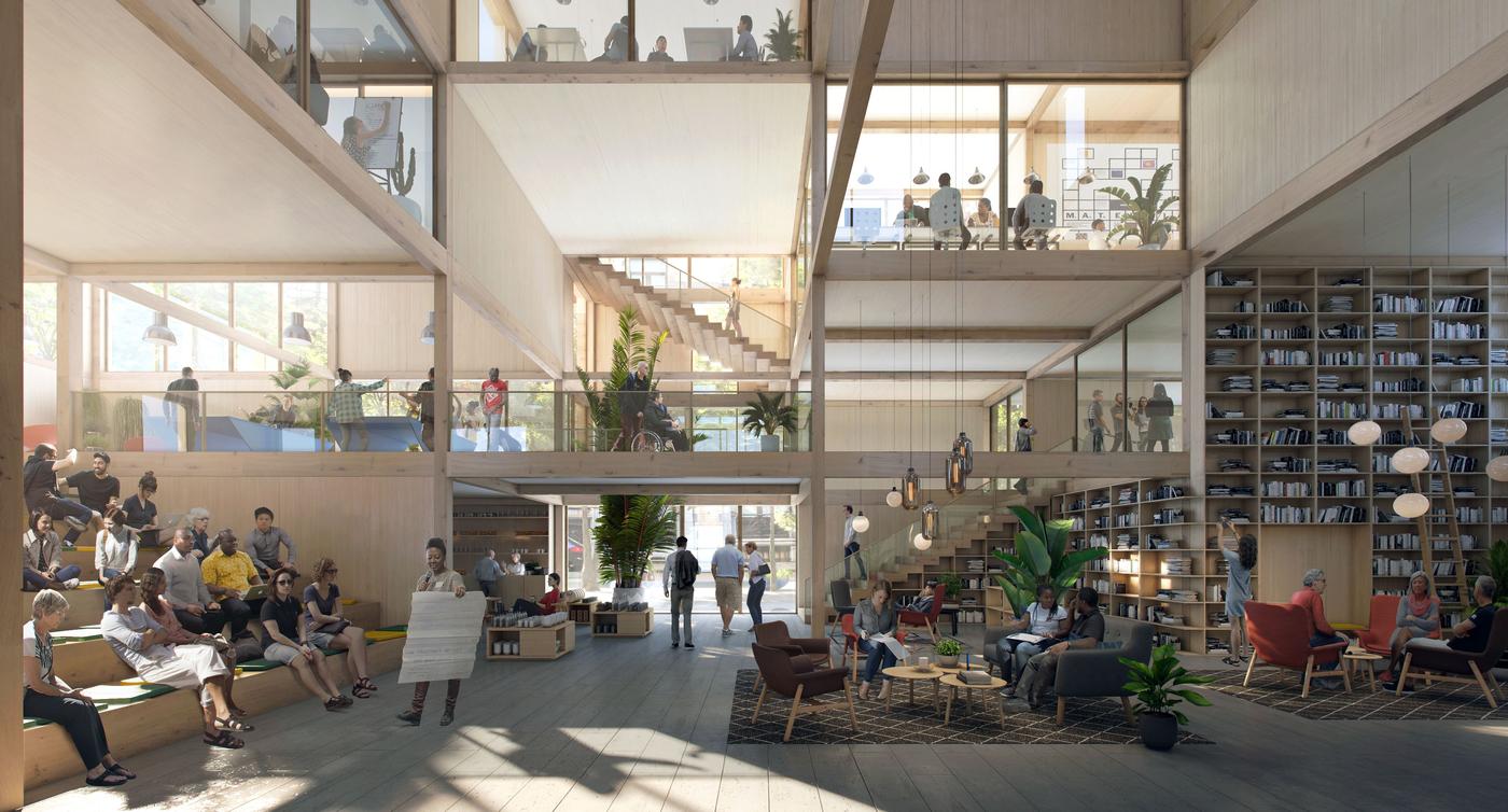 Digital rendering of a bright indoor multi-level public space with seating areas, meeting rooms and a communal library.