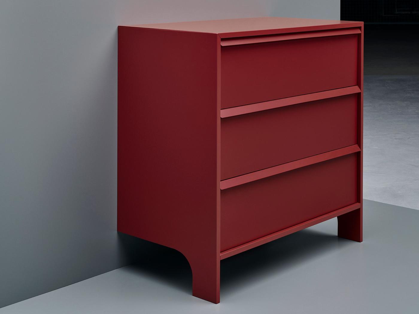 Close up of red GLESVÄR chest of drawer against a grey wall