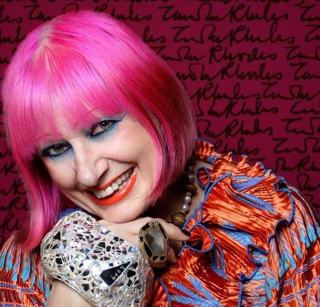 Portrait of smiling Zandra Rhodes.