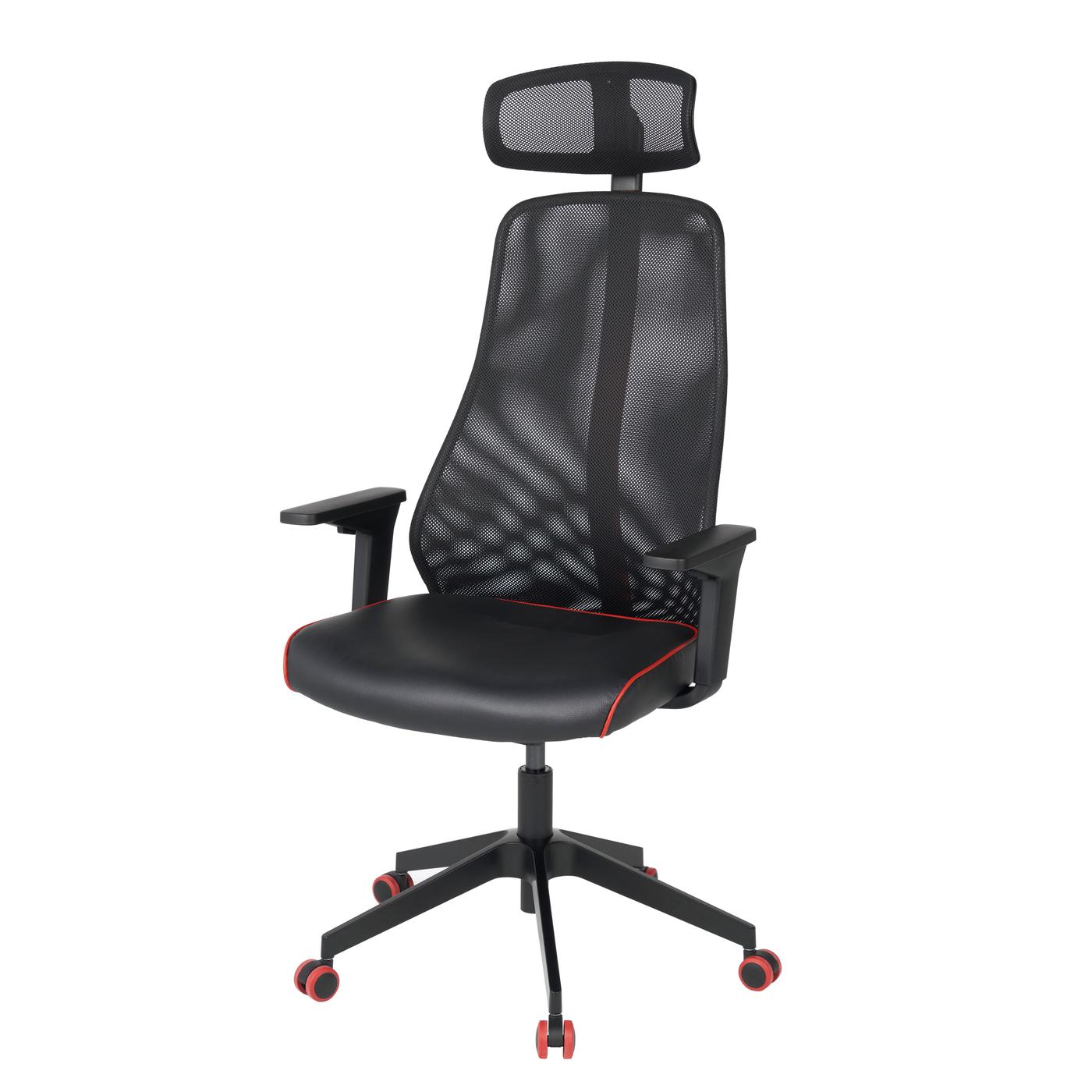 A black gaming chair with a high back against a white background.