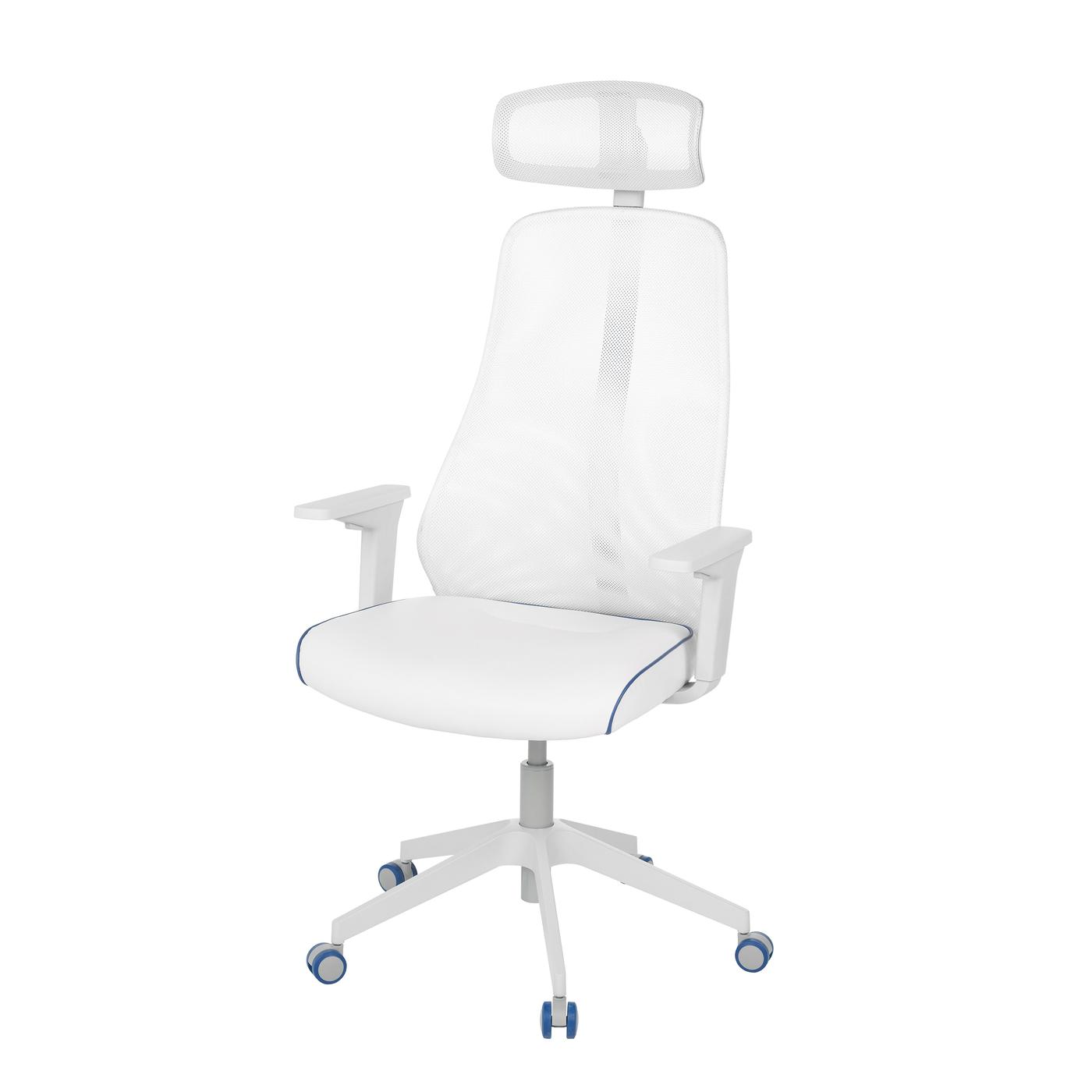 A white swivel gaming chair on a white background. 