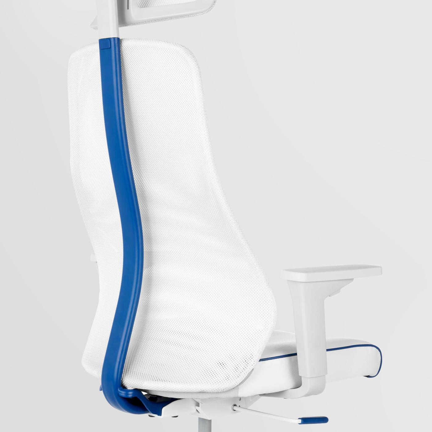 A white gaming chair with a blue pole leading from the base to the headrest.