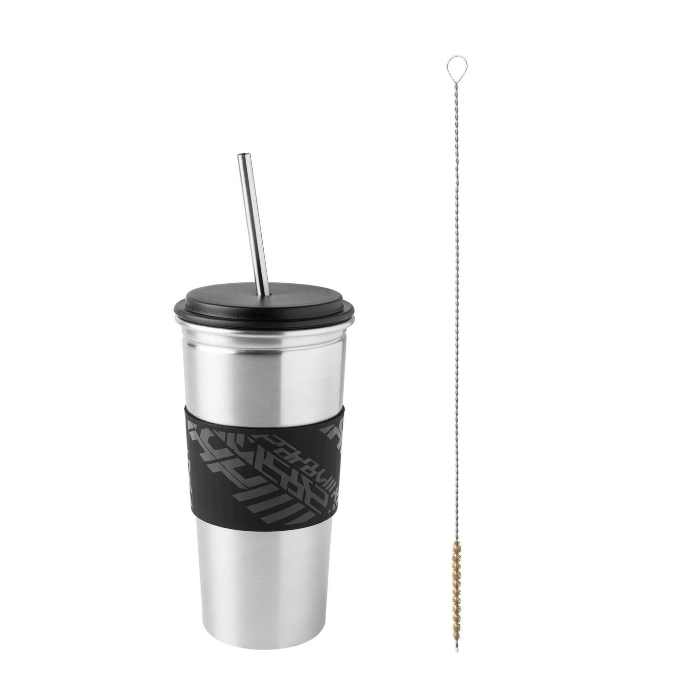 A black and silver mug with a black lid and straw against a white background.