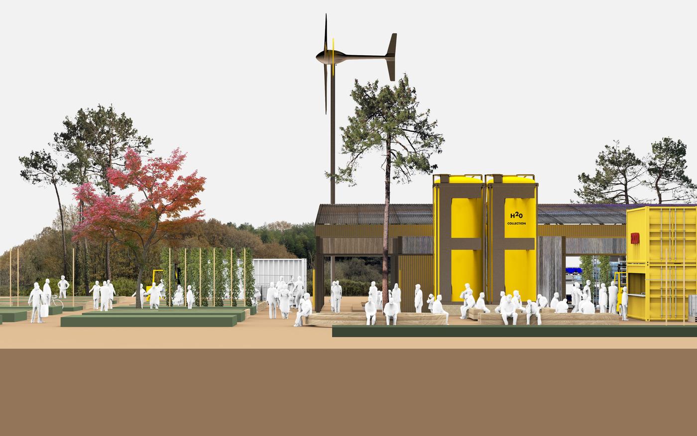 A rendering showing people walking on grass in front of a large building with yellow and brown facade. There are trees and a turbine.