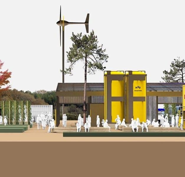 A rendering showing people walking on grass in front of a large building with yellow and brown facade. There are trees and a turbine.