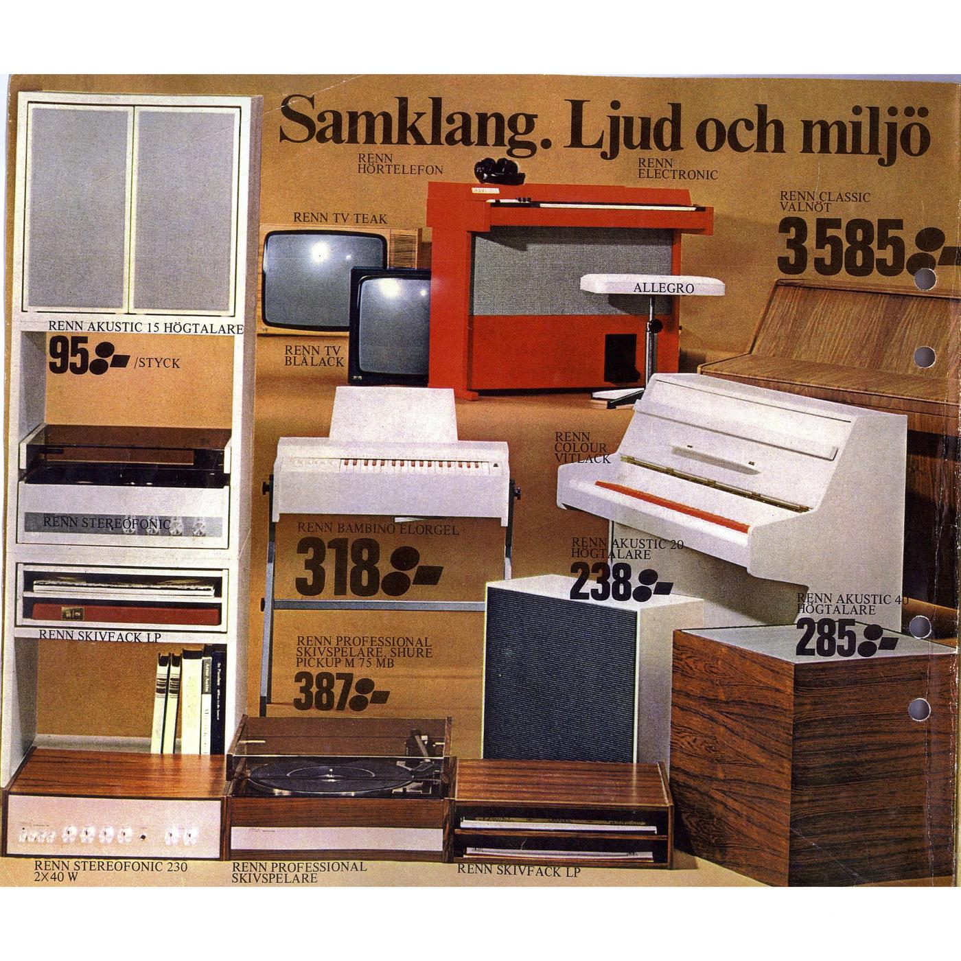 A page from an old IKEA Catalogue showing tv sets, record players, speakers and pianos.