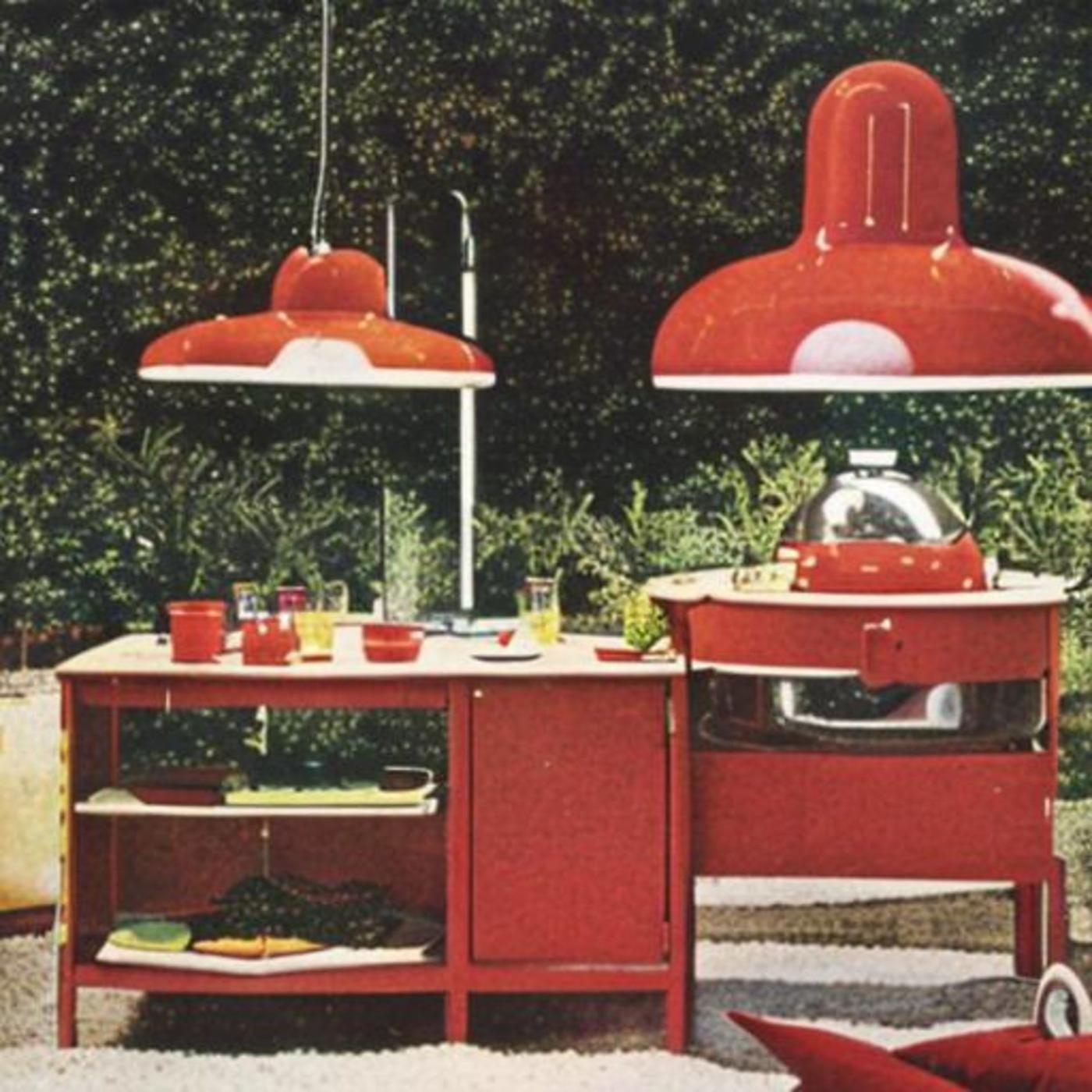 An AI generated visual of an outdoor barbecue system with traditional lighting and garden red tones.