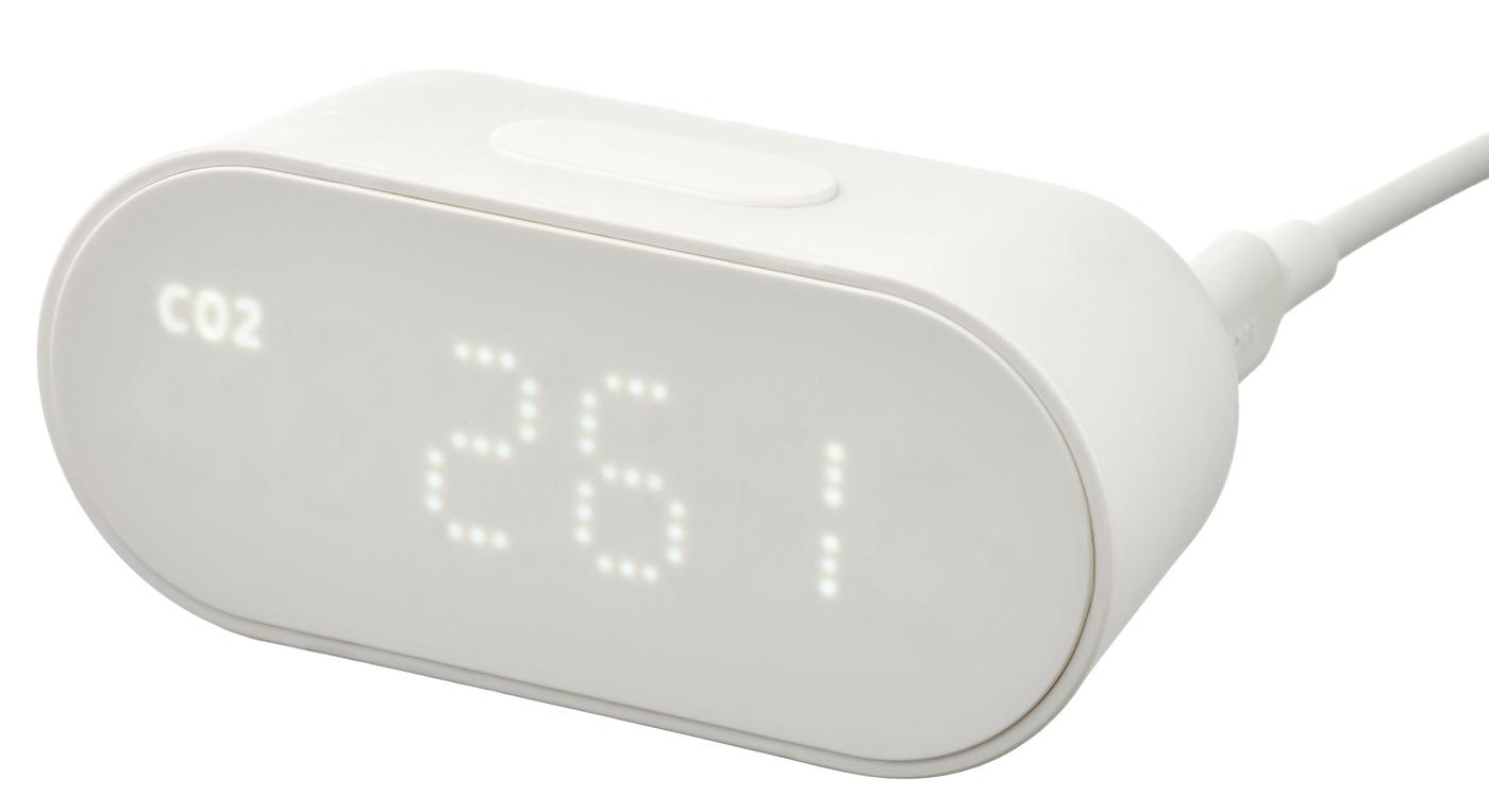 White air quality sensor with transparent background, displaying CO₂ level of 26.1.