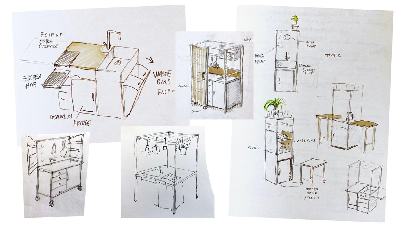 Sketches of a kitchen.