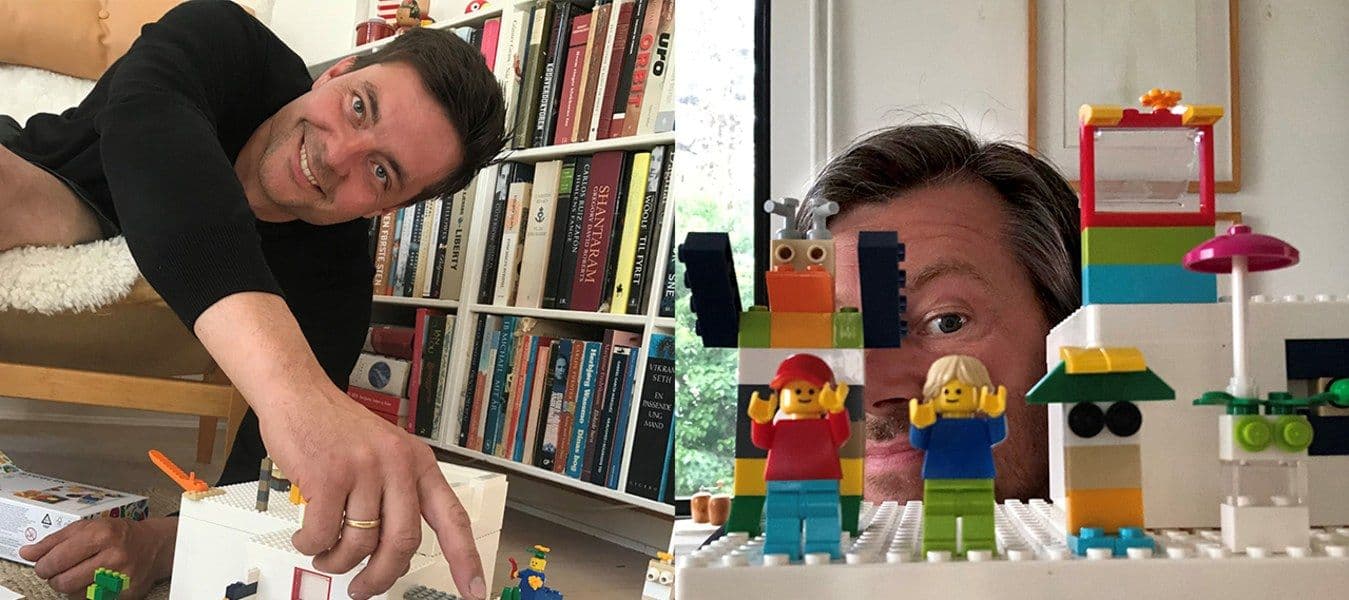 A two-photo collage of two men playing with BYGGLEK LEGO boxes.