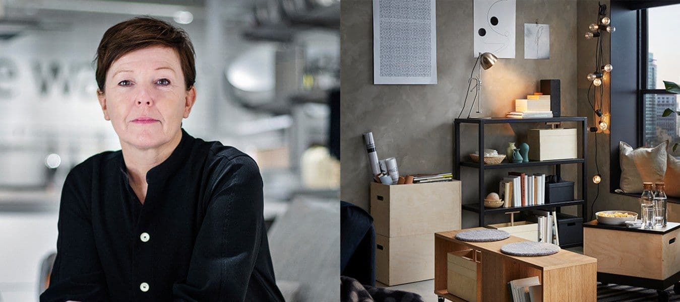 A collage with Eva Lilja Löwenhielm to the left and furniture from the RÅVAROR collection to the right.