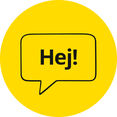 A yellow circle with a speech bubble that says "Hej!"
