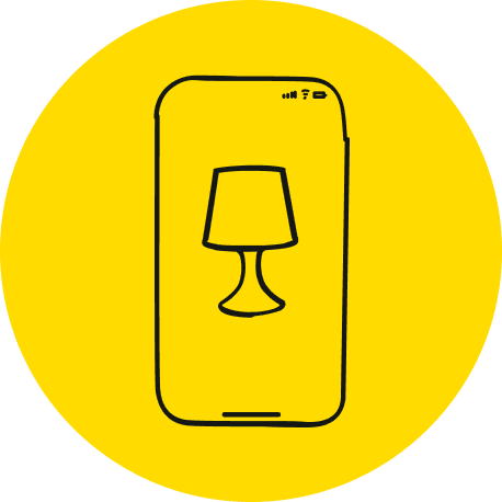 A yellow circle with a line drawing of a smartphone screen showing a lamp.