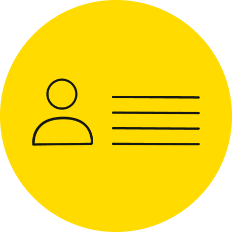 A yellow circle with a line drawing of a person, with lines of text next to it.