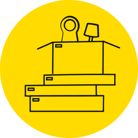 A yellow circle with a line drawing of flatpack boxes and a box with a lamp and clock on top.