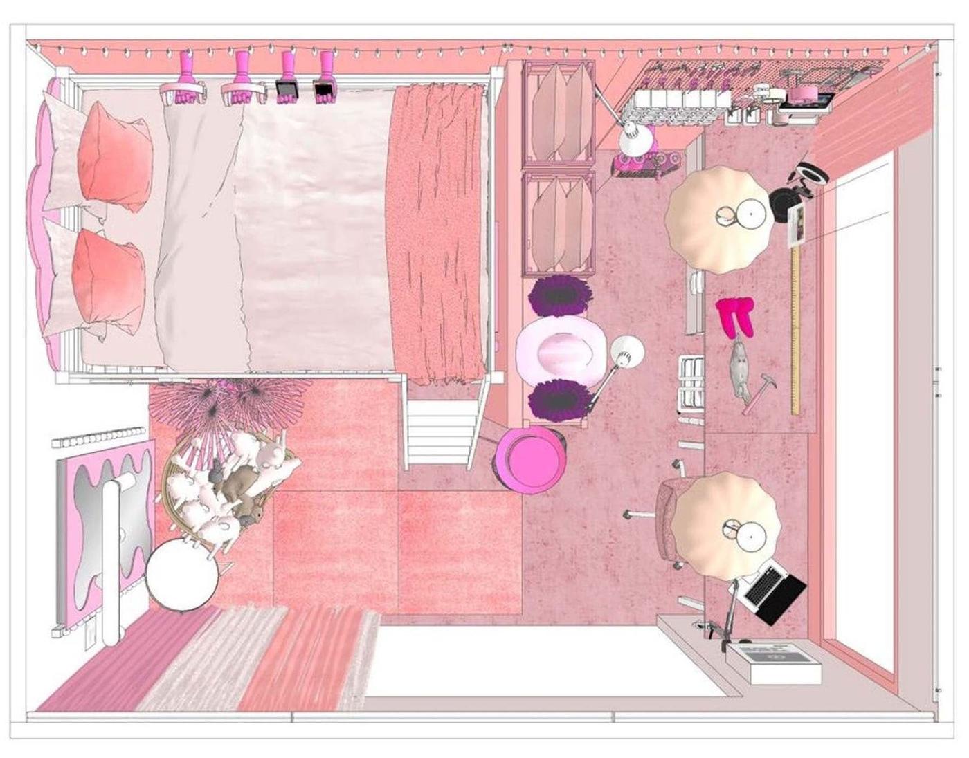 A floorplan of a pink bedroom.