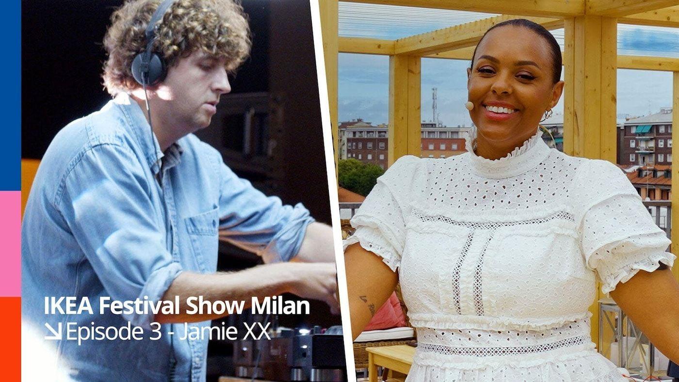 Two side-by-side images of Jamie XX performing and IKEA Festival host, Amie Bramme Sey.