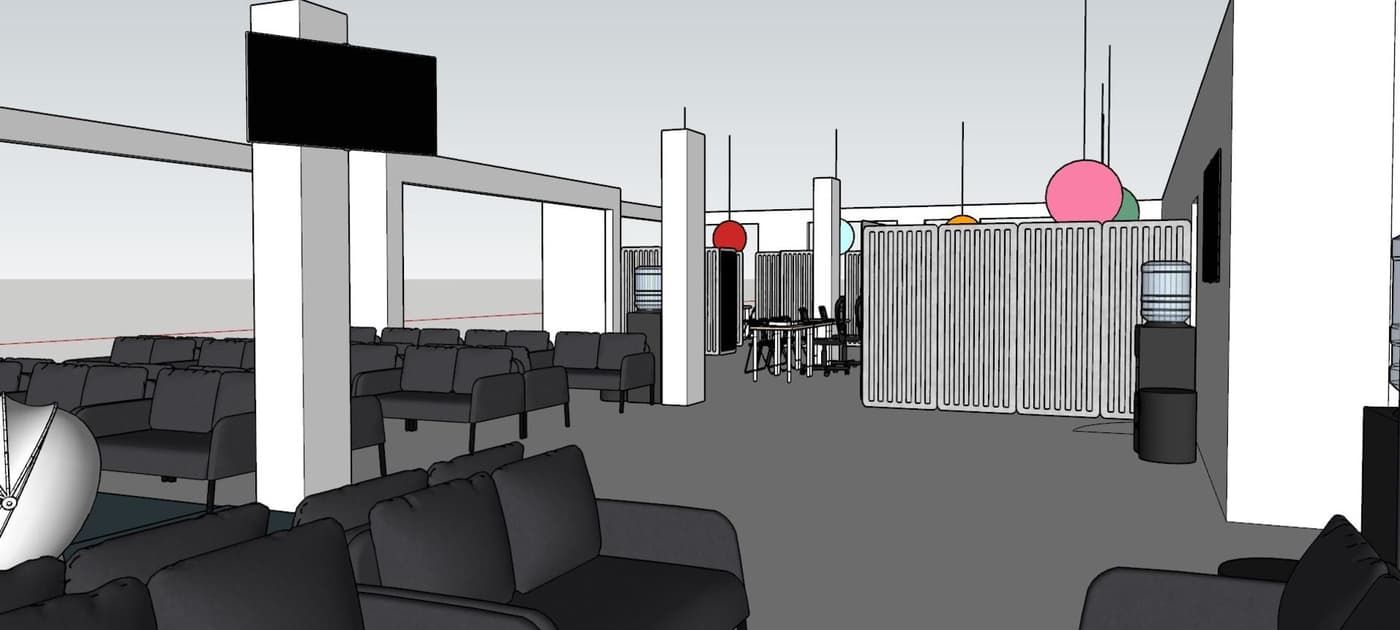 A sketch of a room design showing sofas and tables.