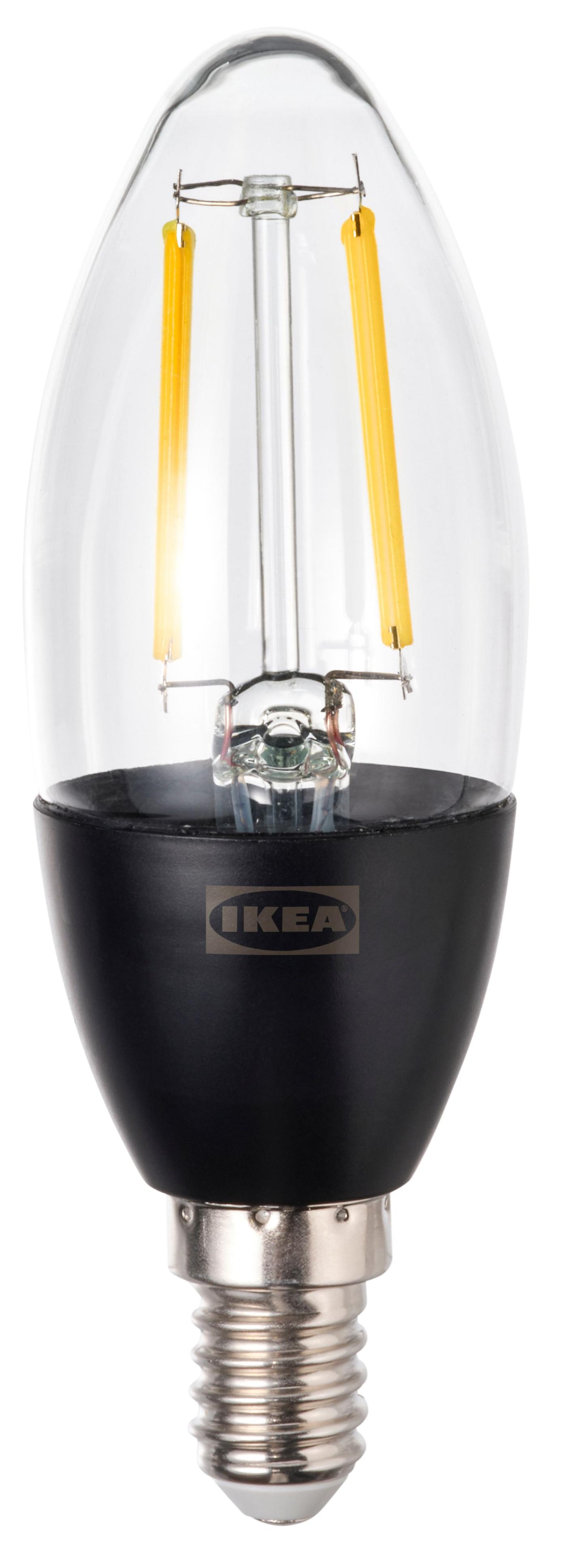 A KAJPLATS E14 clear glass bulb against a white background.
