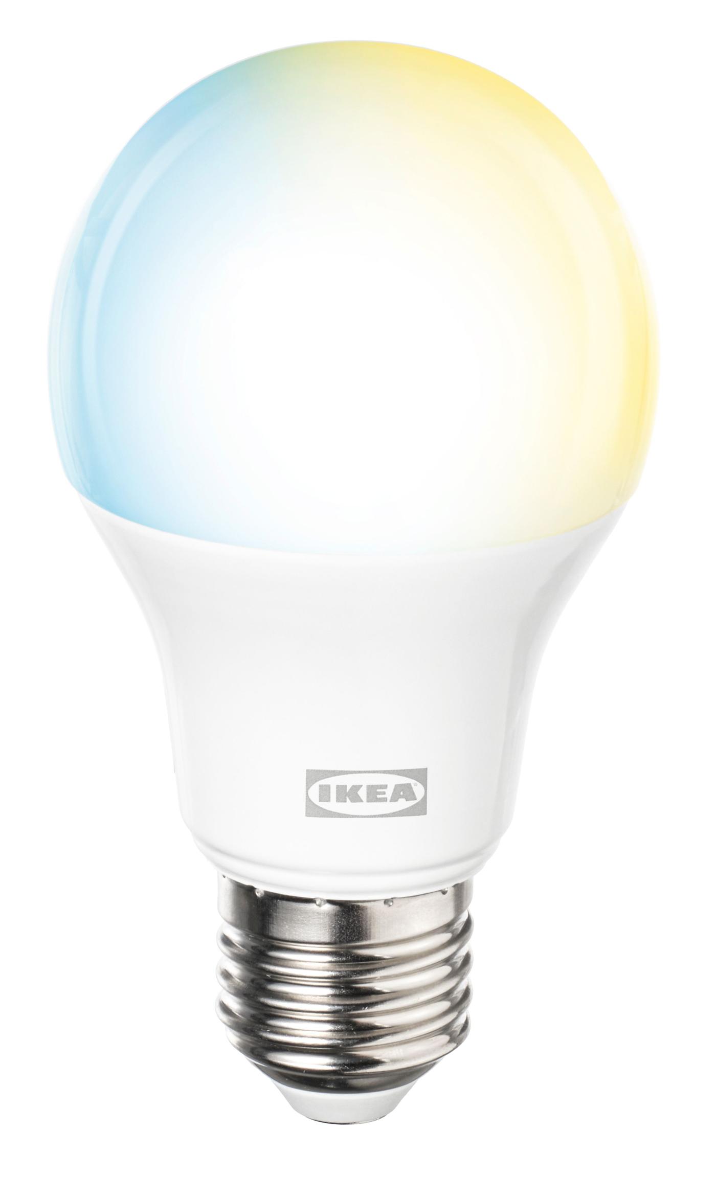 A standard globe-shaped bulb with blue and yellow tones, with warm white light, shown against a transparent background.