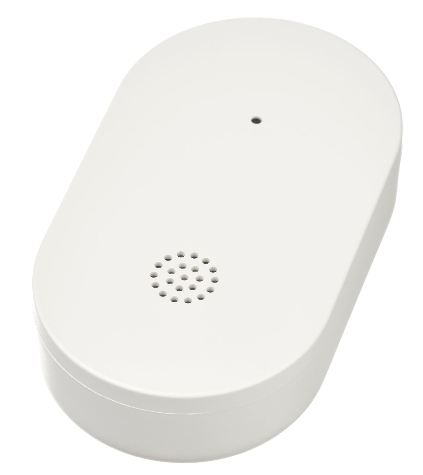 A round white water leakage sensor shown against a transparent background.