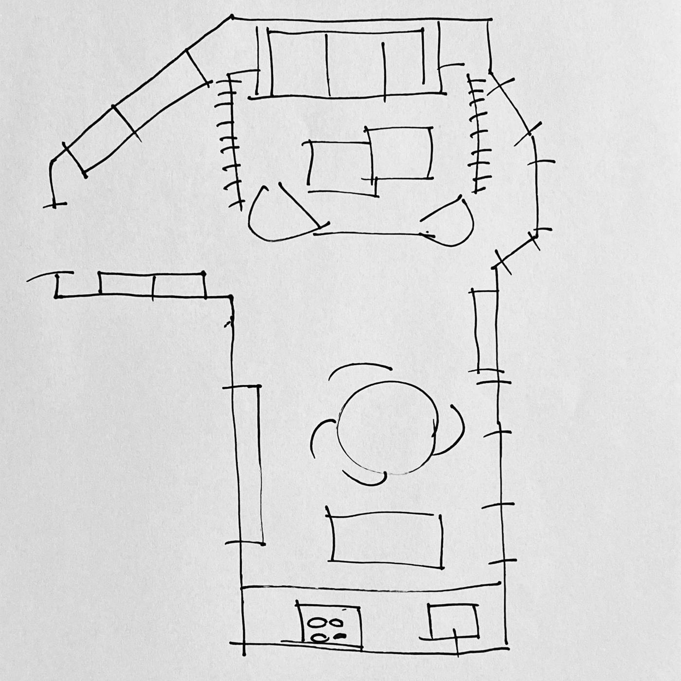 A black and white sketch of the layout of a home.