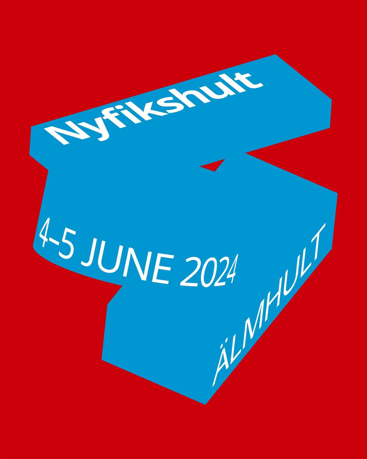 A bright blue and red graphic with text reading "Nyfikshult, 4-5 June 204, Älmhult"