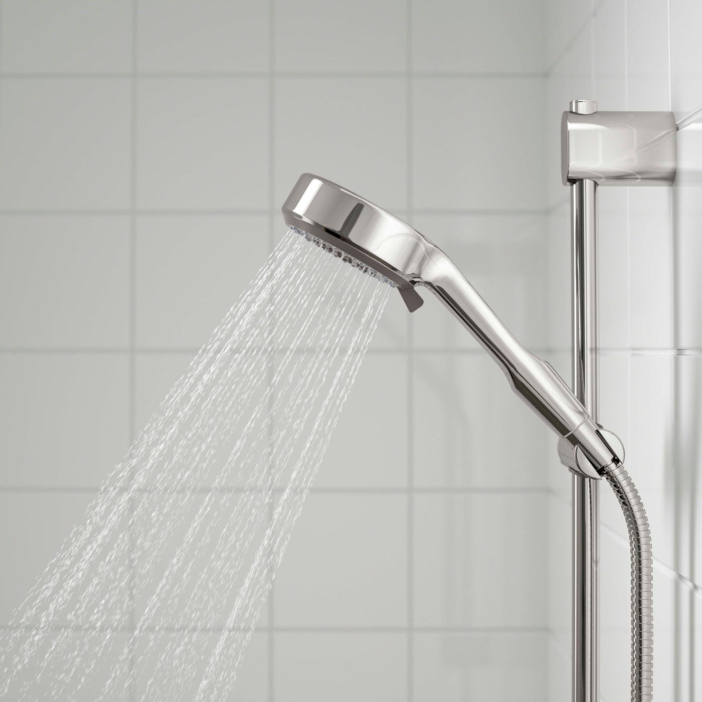 A close-up of a chrome-plated BROGRUND 5-spray handshower.