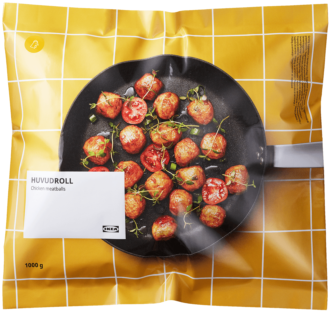 A cutout image of a pack of HUVUDROLL frozen chicken meatballs.