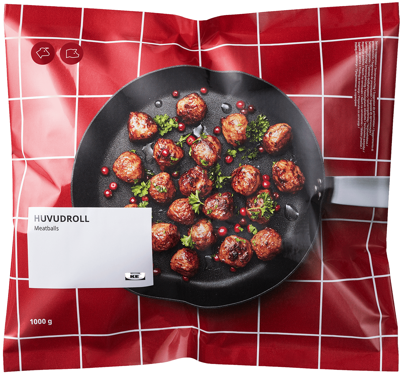 A cutout image of a pack of HUVUDROLL frozen meatballs.