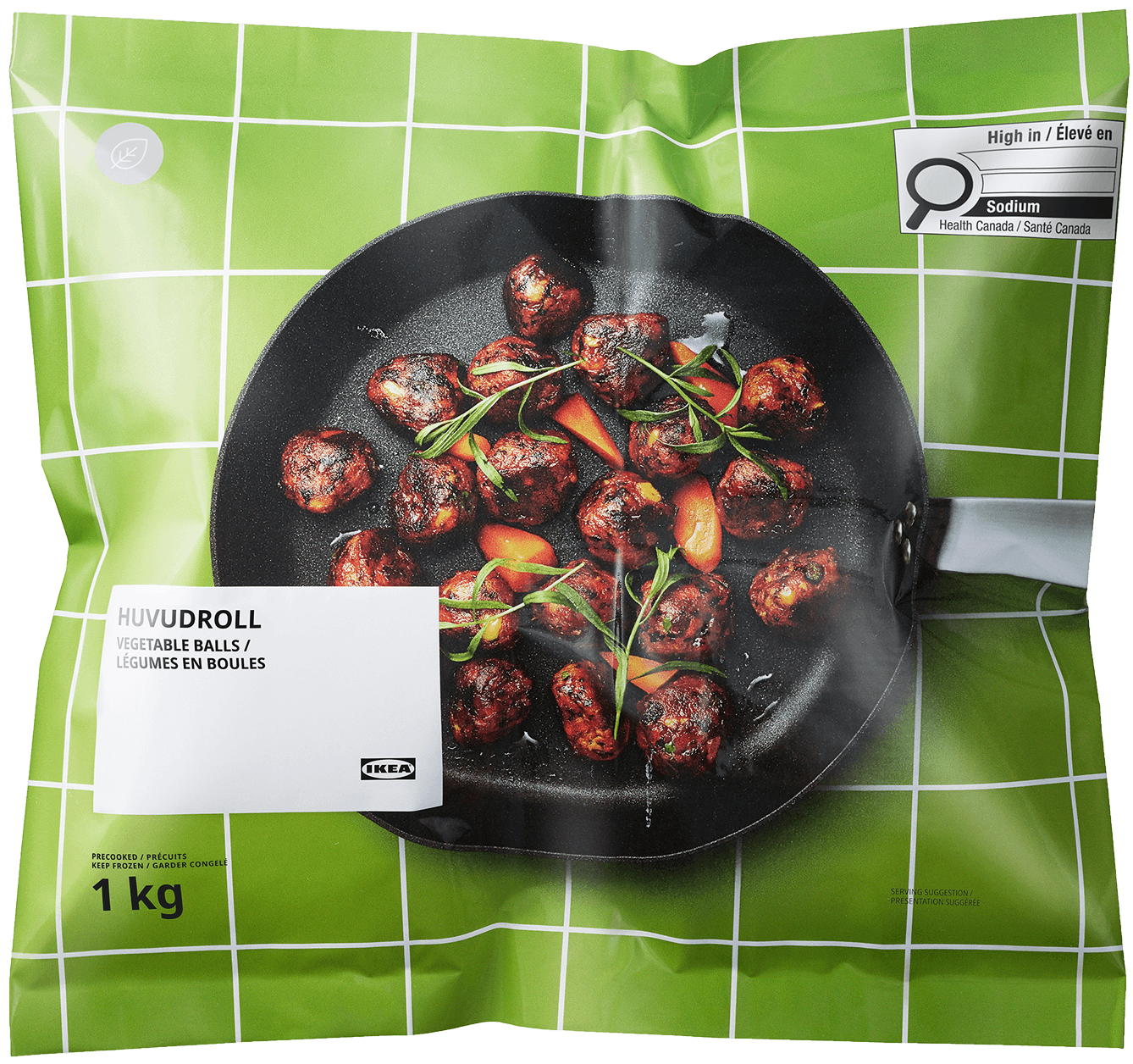 A cutout image of a pack of HUVUDROLL frozen vegetable balls.