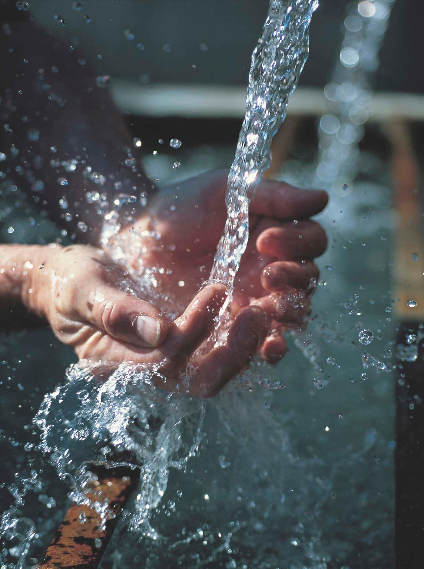 A pair of hands under a stream of running water.