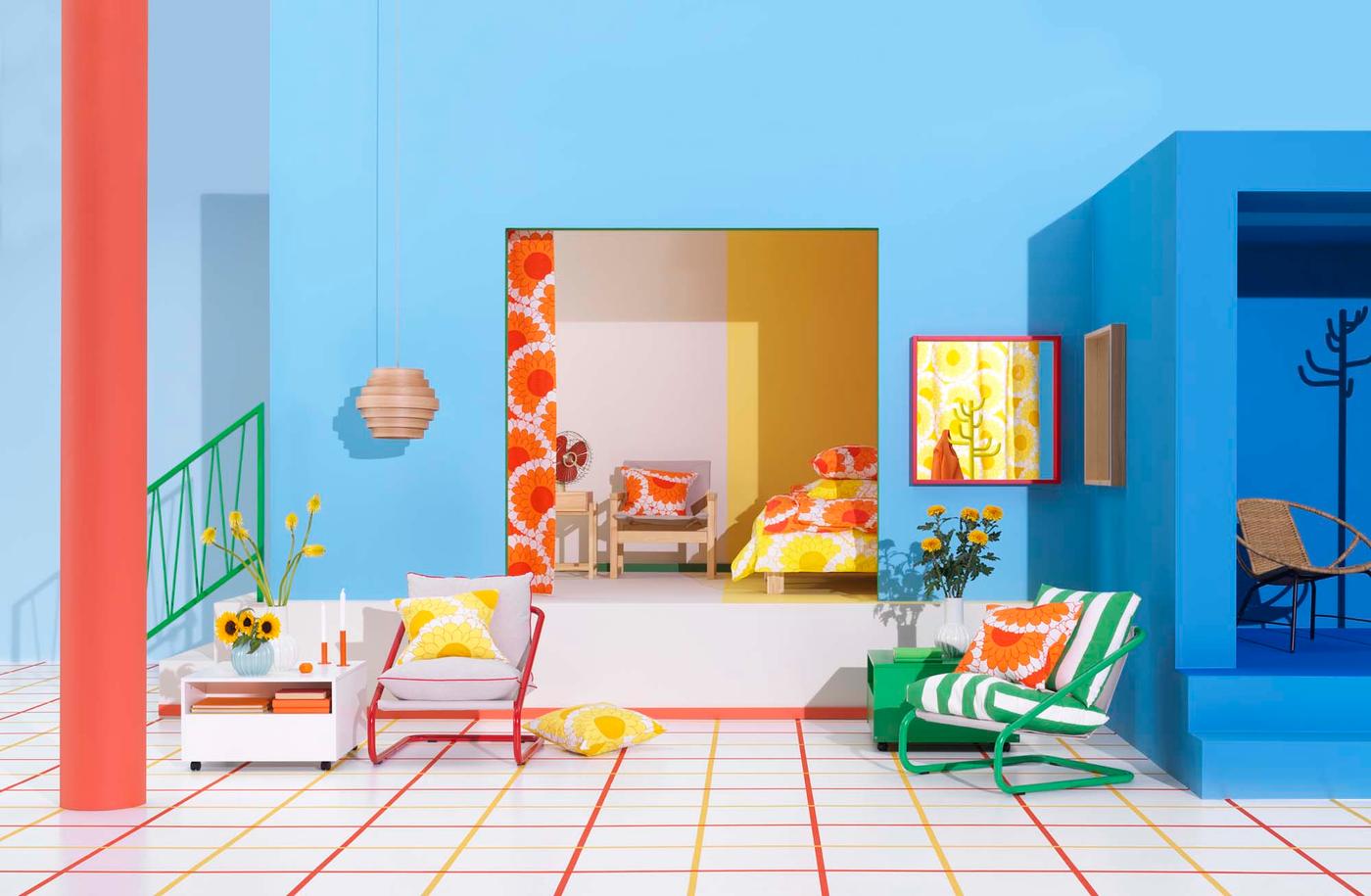 A roomset with brightly coloured furniture and textiles shows off the Nytillverkad collection.