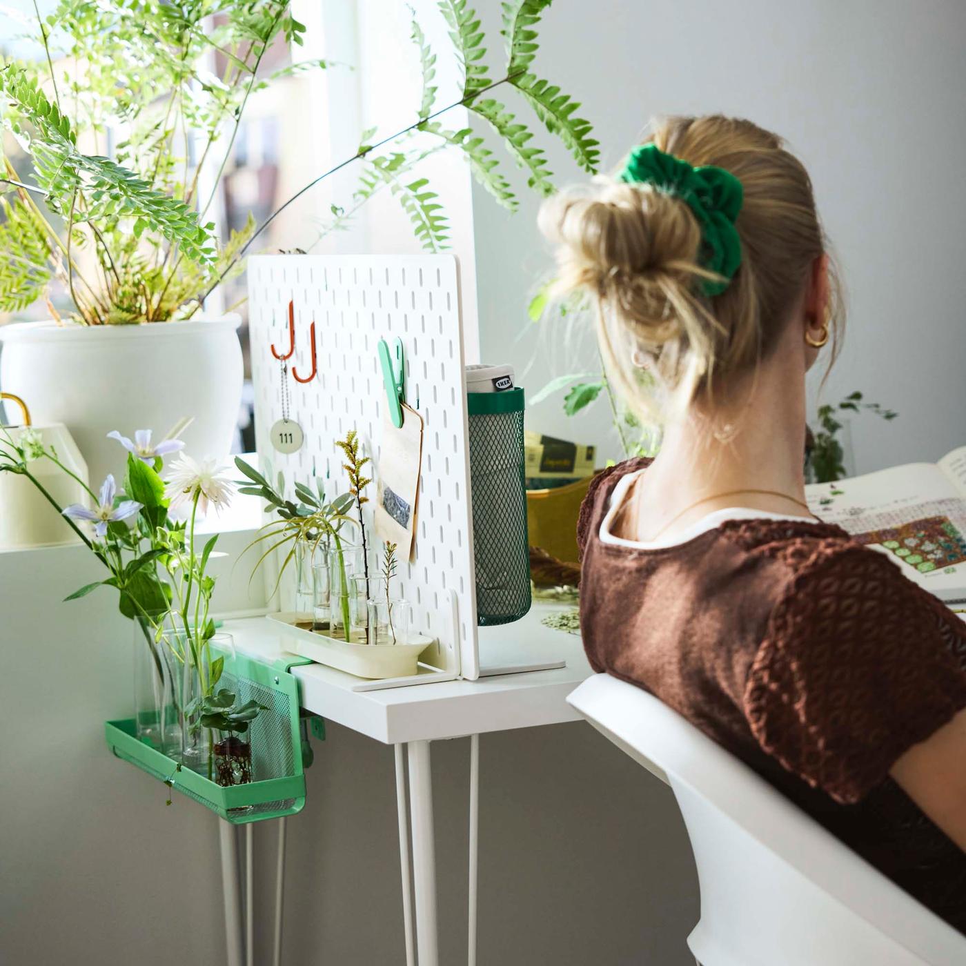 A person is seated on white chair facing toward a desk. Green plants are on the windowsill to the left and small pegboard and shelf organisesrs are positioned on the desk.