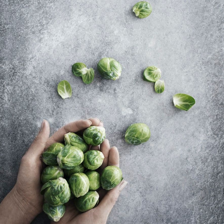 A pair of hands holding Brussels sprouts over a grey surface; a few have fallen out of the hands.