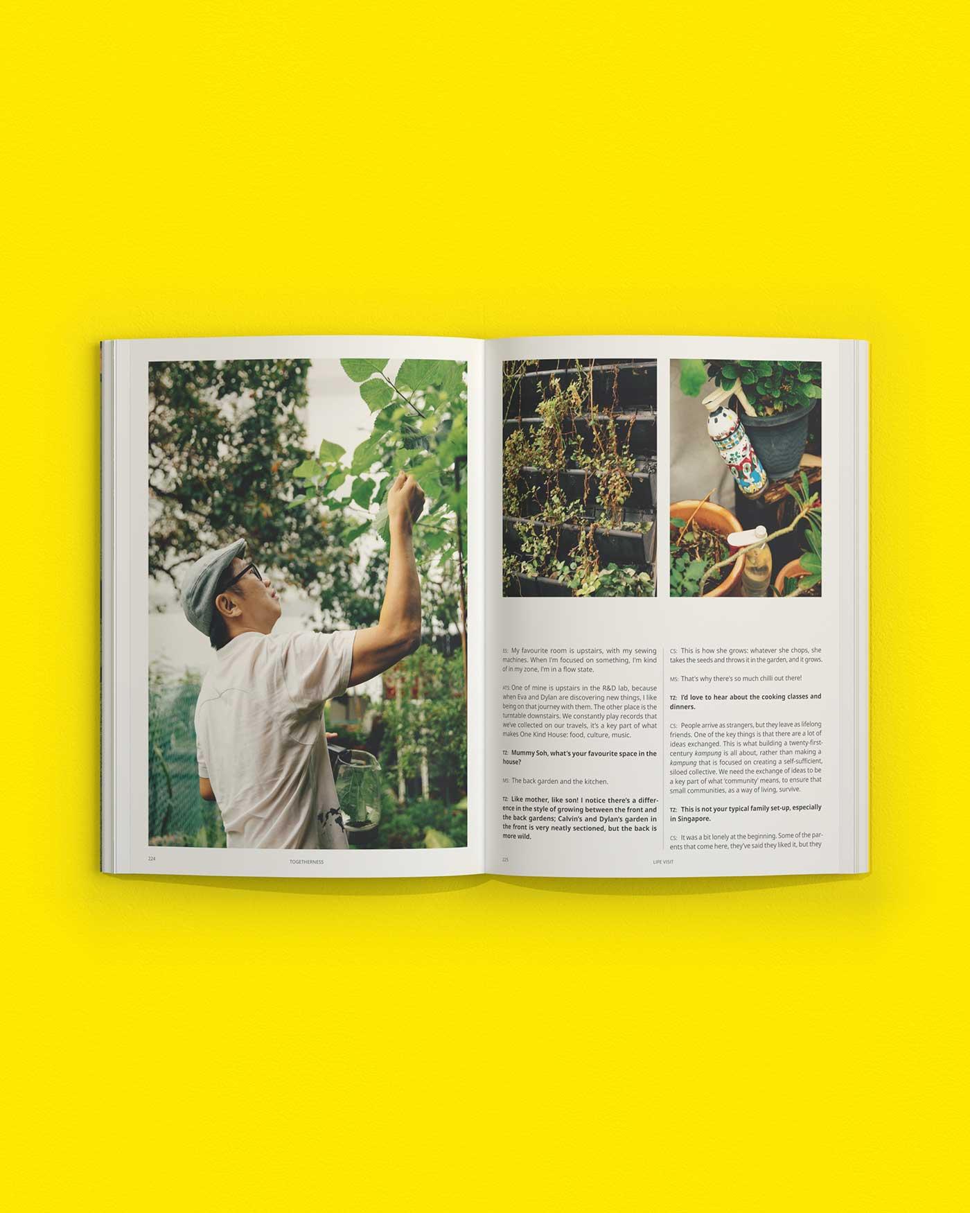 An open copy of Us & our planet on a yellow background, showing a person gardening.