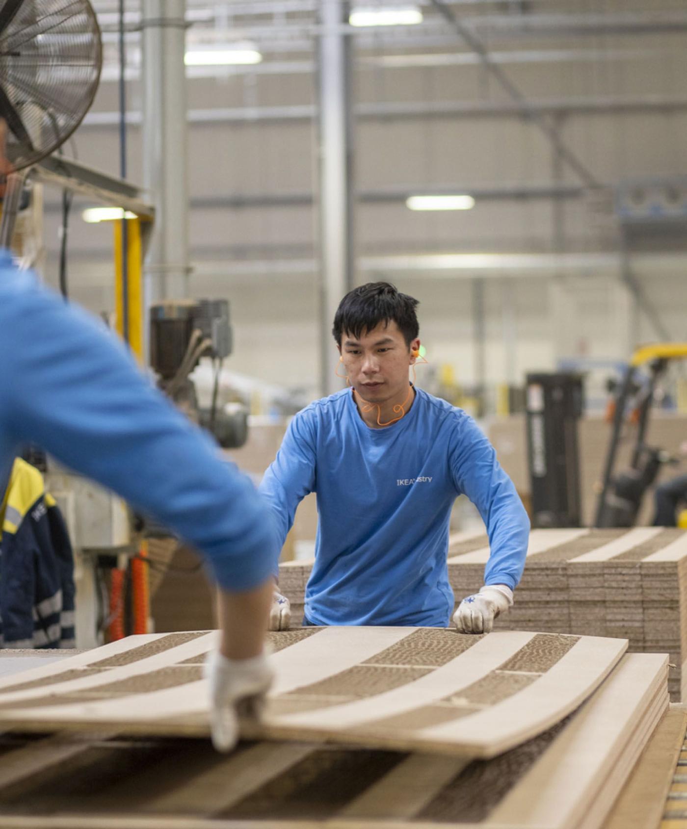 Two factory workers picking up a large sheet of material.