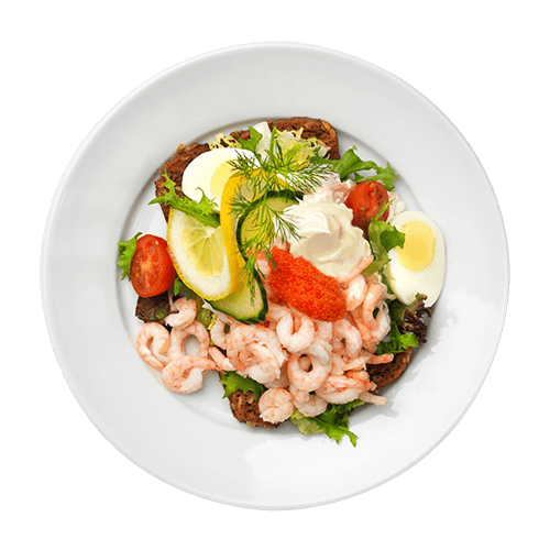 An open-faced shrimp sandwich.