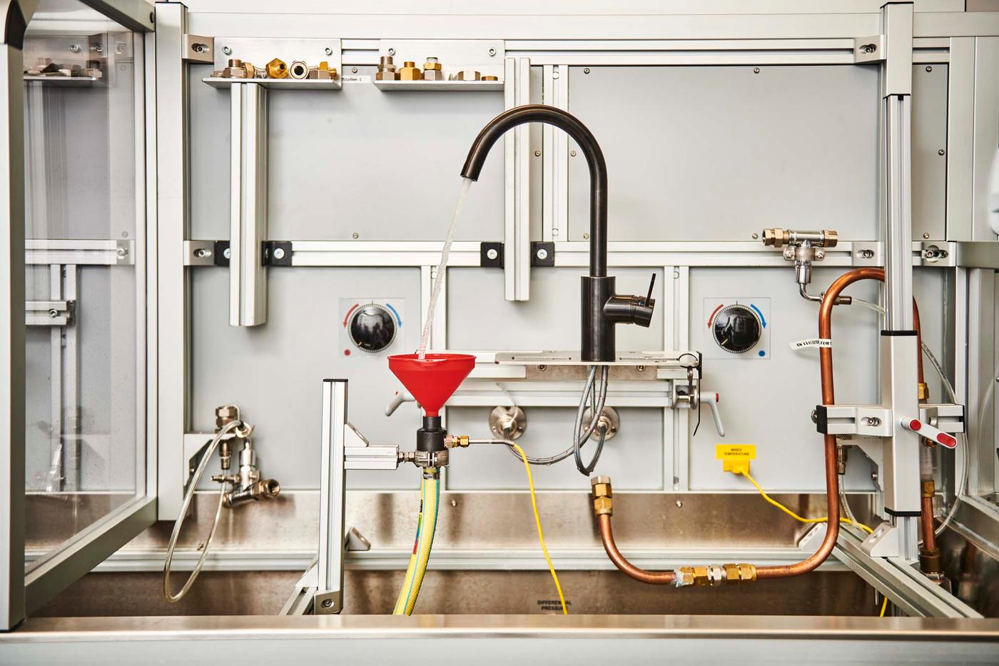 A mixer tap set up for testing in the IKEA test lab.